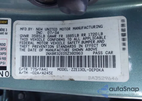 2005 Toyota Corolla Ce z USA, uszkodzony, nr VIN 1NXBR32E05Z380963